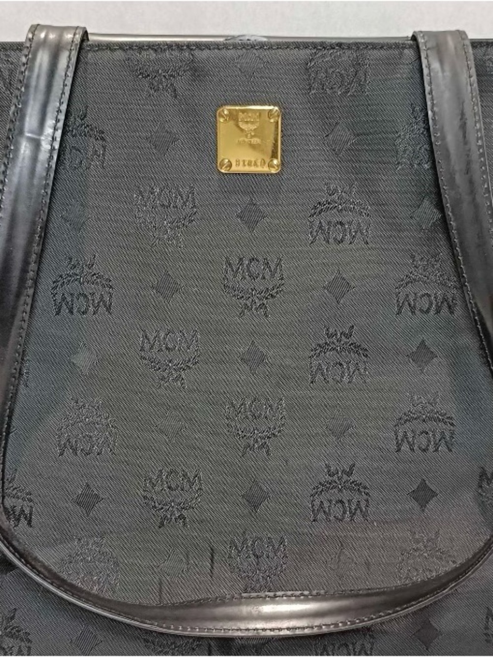 MCM Black Jacquard Tote with Gold Logo Plaque the